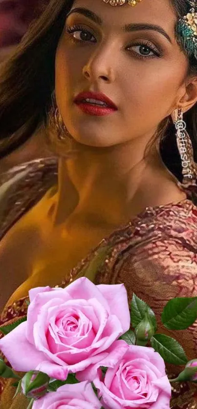 Elegant woman with pink roses and jewelry in vibrant mobile wallpaper.