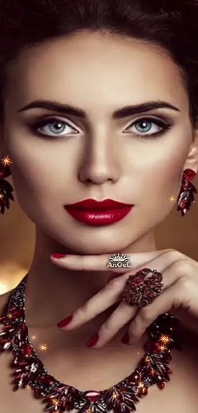 Elegant woman with red lipstick and jewelry.