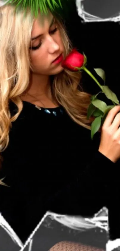 Romantic wallpaper with woman holding rose on dark background.