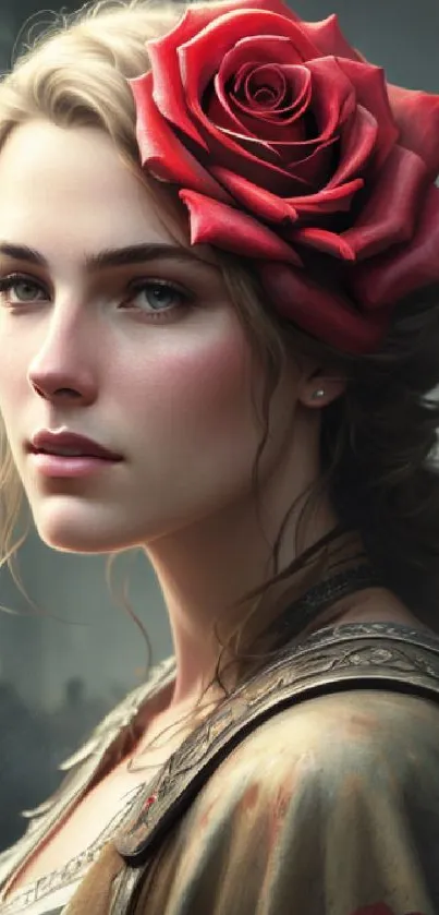 A woman with a red rose in her hair against a vintage style background.