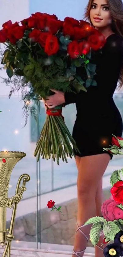 Woman in black dress holding red roses bouquet.