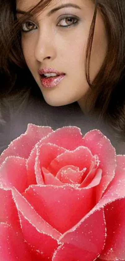 Elegant woman with shimmering pink rose, perfect for phone wallpaper.