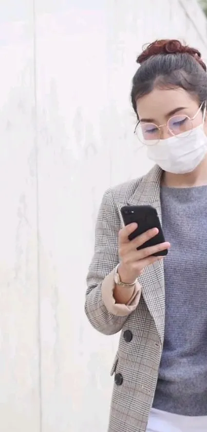 Woman with mask checking smartphone on the street.