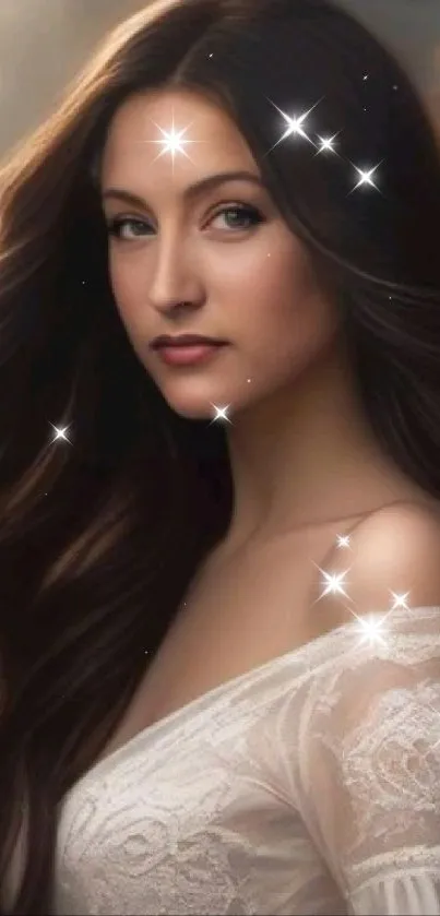 Elegant woman with flowing hair and sparkling stars in a portrait wallpaper.