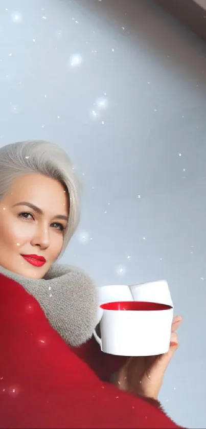 Woman in red coat with candle against a gray background.