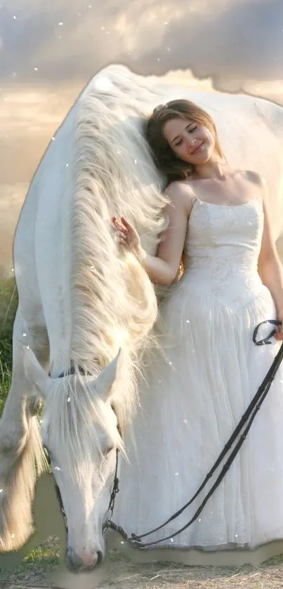 Woman in white dress with white horse in a serene outdoor setting.