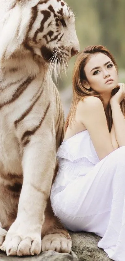 Elegant woman sits beside majestic white tiger in a serene, nature-inspired setting.