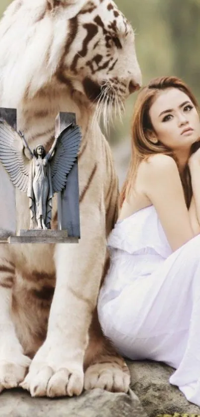 Elegant woman with white tiger and statue.