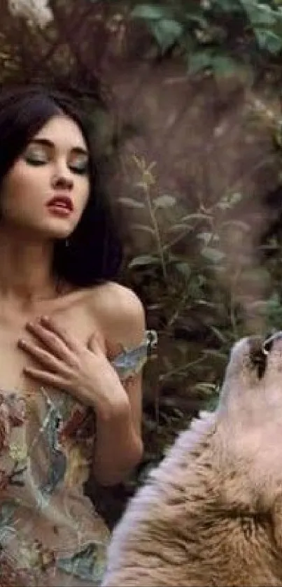 A woman and wolf in a forest scene, blending nature and fantasy.