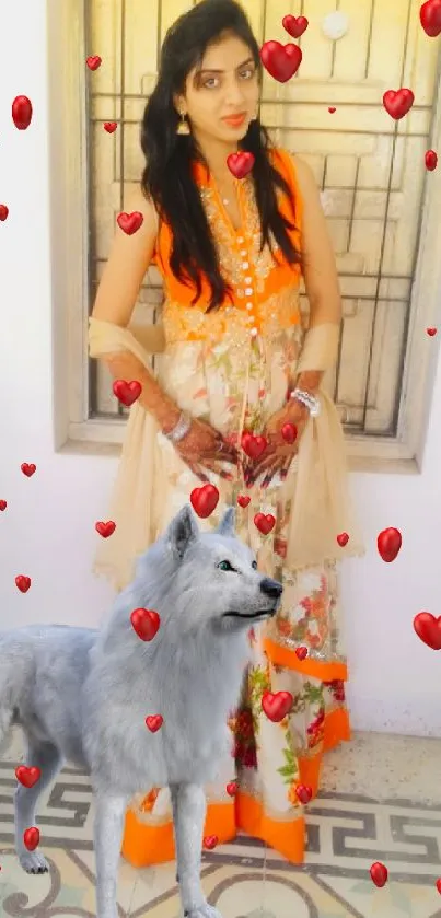 A woman in an ornate dress stands beside a white wolf indoors.