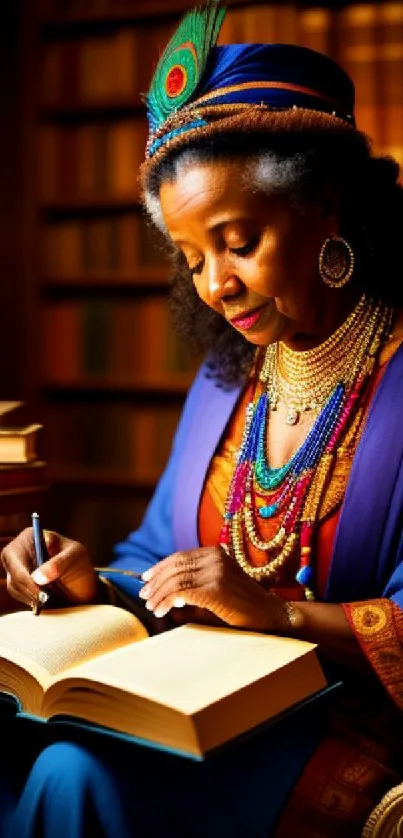 Woman writing by candlelight in cultural attire.