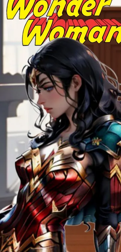 Wonder Woman illustration for mobile wallpaper, featuring vibrant colors and elegant design.