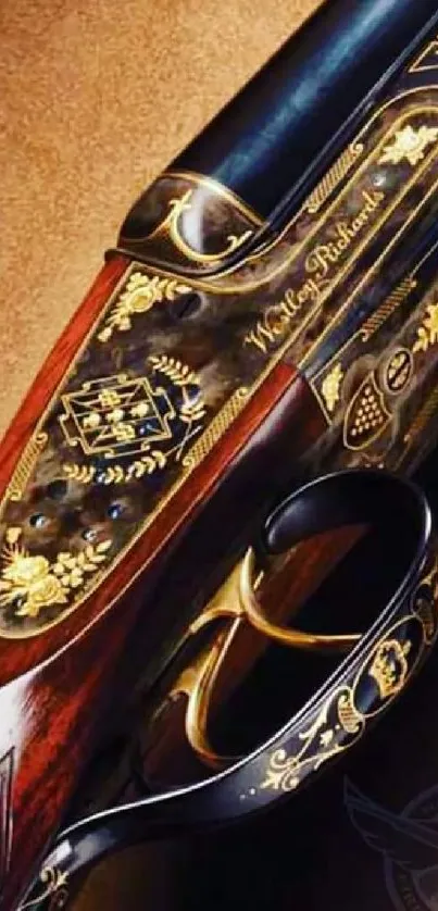 Elegant gold and wood design on a vintage firearm wallpaper.