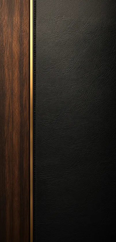 Dark wood and leather mobile wallpaper with gold accent.