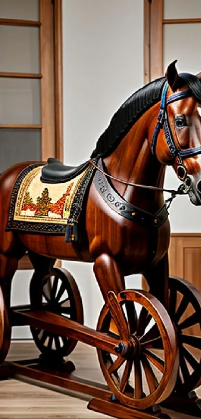 Elegant wooden rocking horse with intricate details.