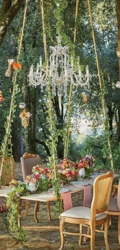 Elegant outdoor table with chandelier under trees.