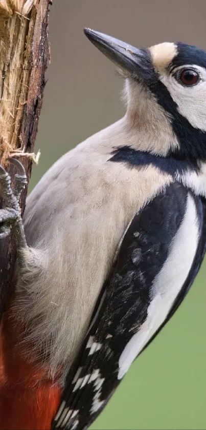 Woodpecker perched on a tree trunk in nature.