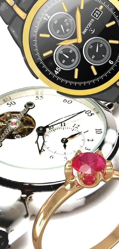 Close-up of an elegant wristwatch showing its detailed design.