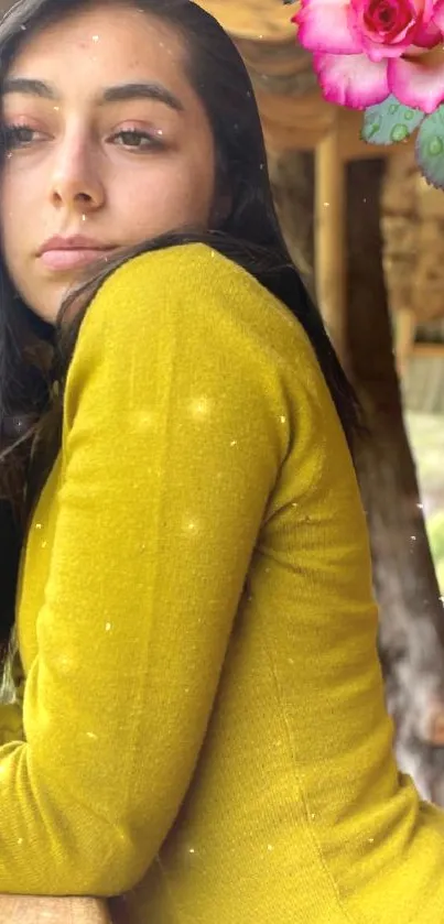 Woman in a yellow sweater with a pink rose on a rustic background.