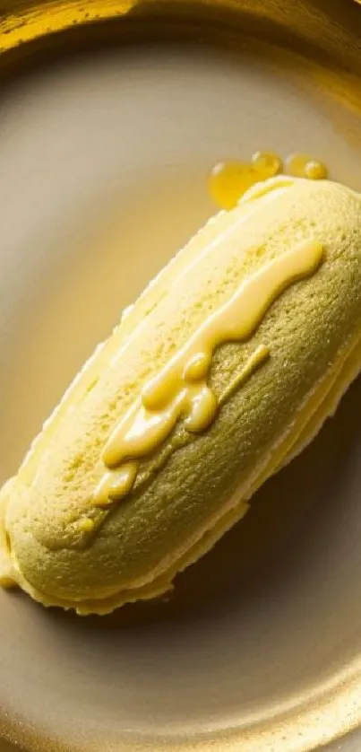 Elegant yellow ice cream on a golden plate wallpaper.