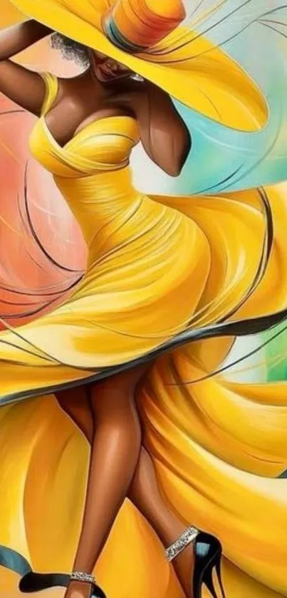 Stylish figure in an elegant yellow dress on a vibrant background.