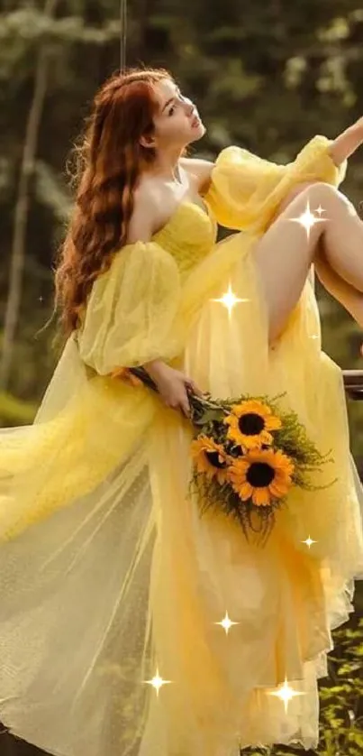 Woman in yellow dress on swing with sunflowers in a serene forest setting.