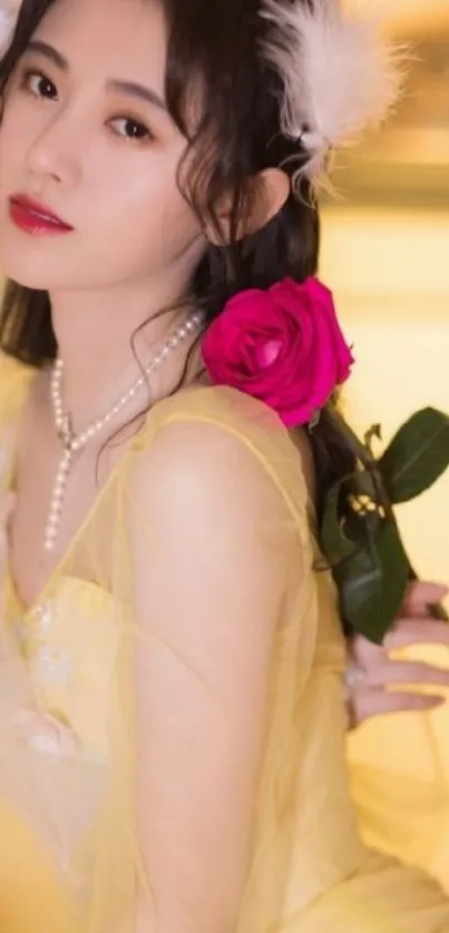 Woman in yellow dress with pink rose