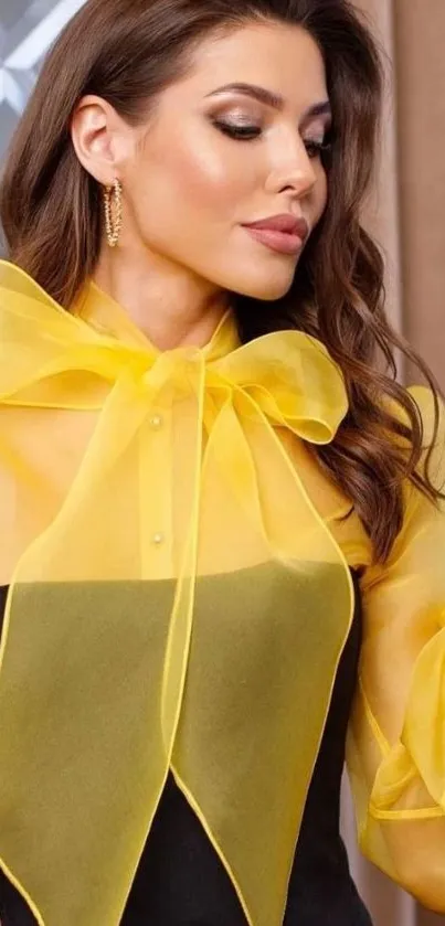 Elegant woman in a chic yellow blouse.