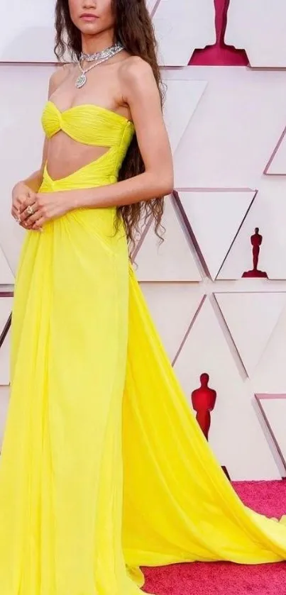 Yellow gown on red carpet background.