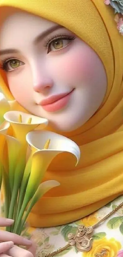 Artistic woman in yellow hijab with flowers.