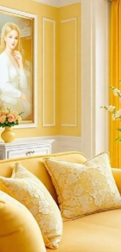Elegant yellow-themed room with a sofa and wall portrait.