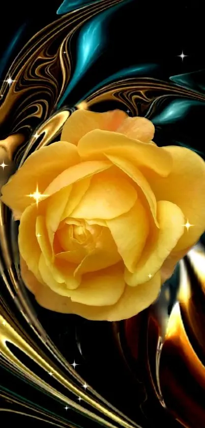 A stunning yellow rose with a black and gold artistic background.