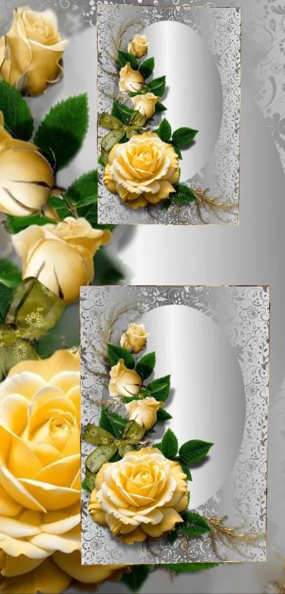 Elegant wallpaper featuring yellow roses with green leaves on a patterned background.