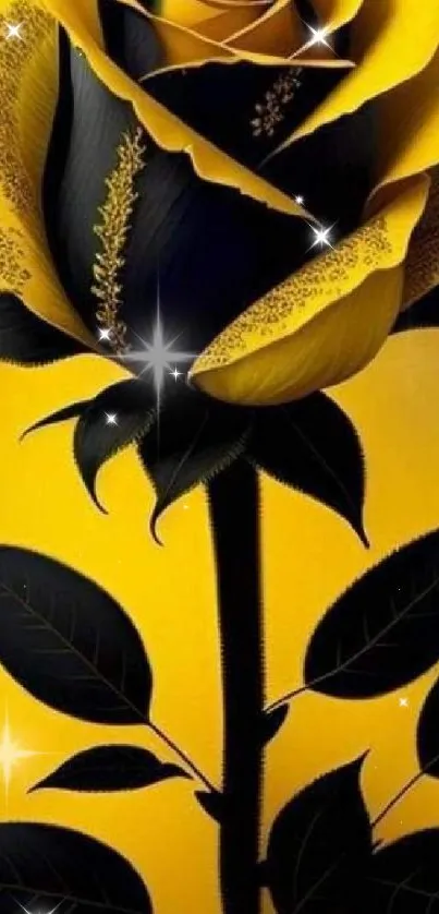 Elegant yellow and black rose wallpaper with sparkling details.