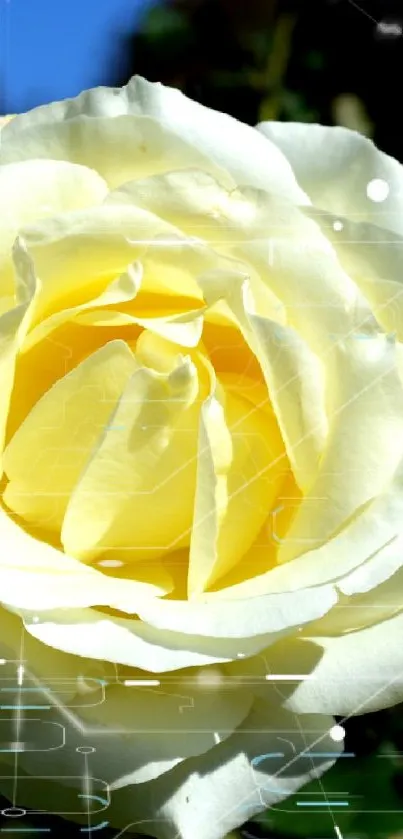 Close-up of a yellow rose in bloom with lush green background.