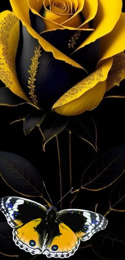 Elegant yellow rose with butterfly on black background.