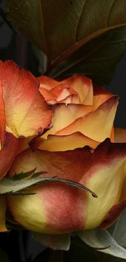 Close-up of a yellow rose with red edges and green leaves.