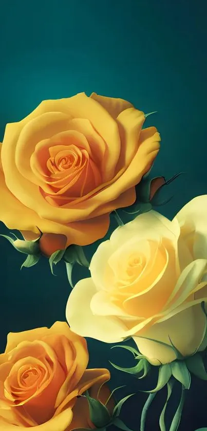 Elegant yellow roses against a teal background for mobile wallpaper.