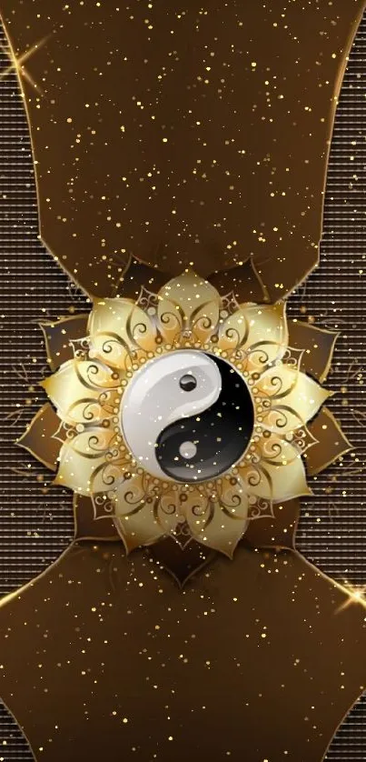 Elegant golden yin yang design on a brown background mobile wallpaper.