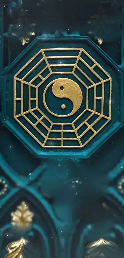 Elegant yin yang symbol on a teal background with golden details.