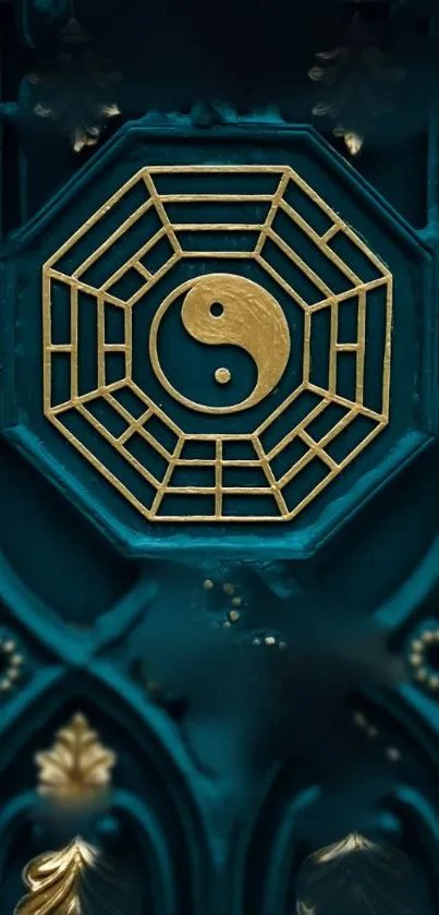 Yin Yang symbol with teal and gold design on a mobile wallpaper.