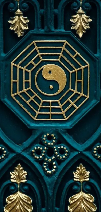 Intricate teal and gold yin yang wallpaper with decorative details.