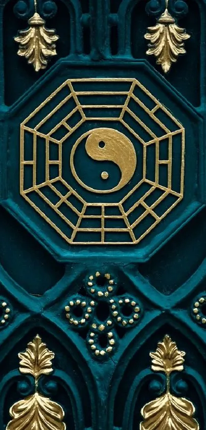 Yin Yang symbol on a teal background with intricate gold design.