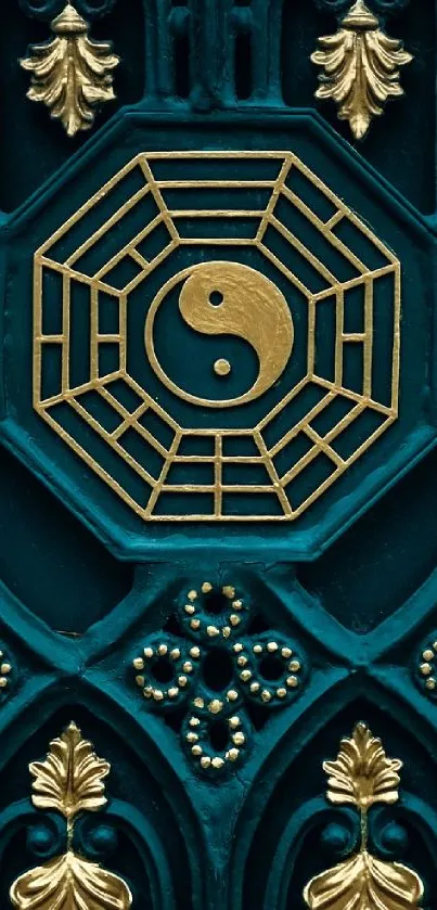 Elegant Yin-Yang design with gold accents on teal background.
