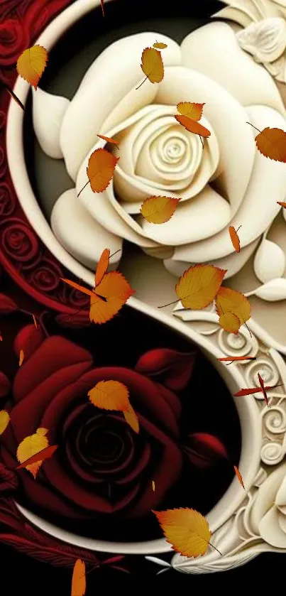 Yin Yang roses with autumn leaves.