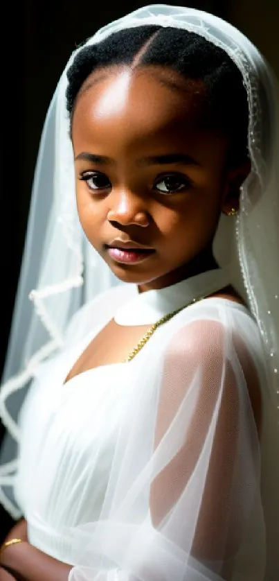 Elegant young girl in white dress and veil, serene and poised portrait.