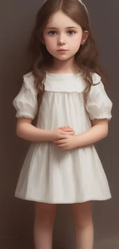 Portrait of a young girl in a white dress with a soft, brown background.