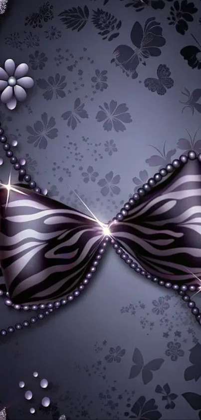Zebra-patterned bow with pearls on floral background.