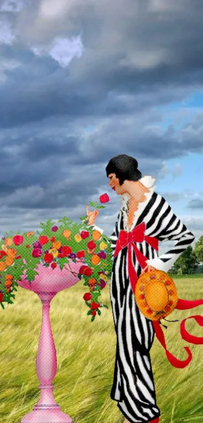 Stylish woman in zebra dress with floral vase in field.