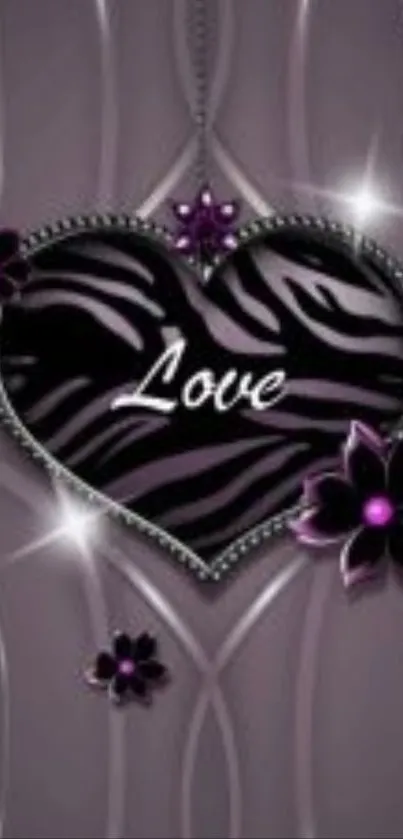 Zebra heart wallpaper with purple flowers and love text.